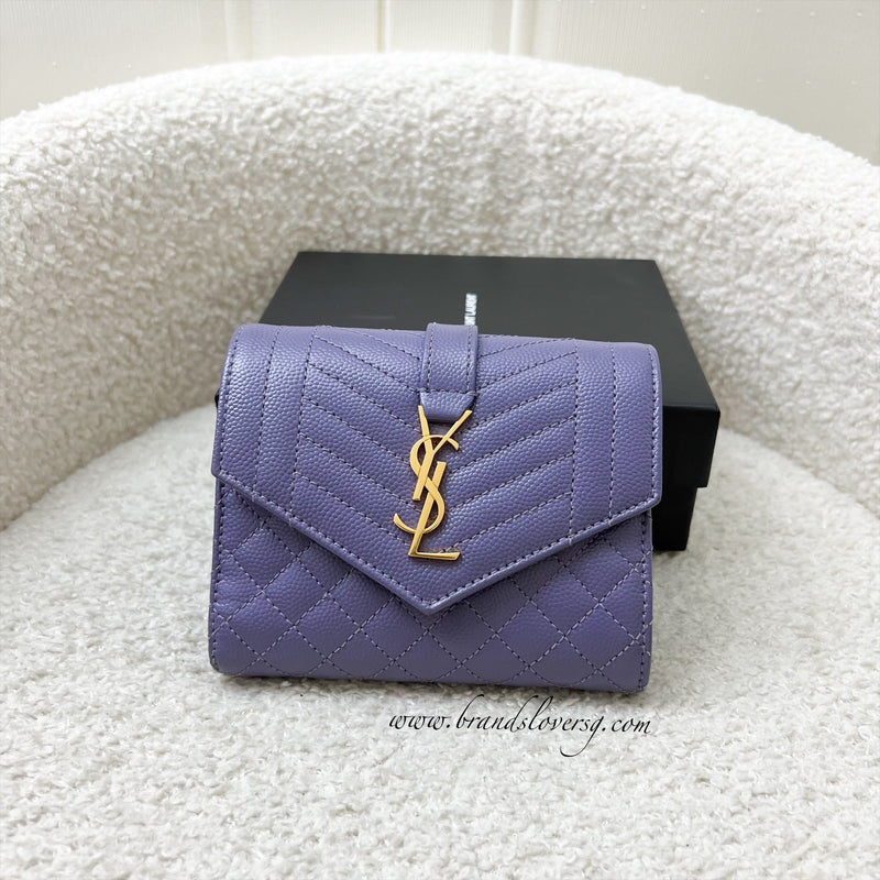 Saint Laurent YSL Envelope Wallet in Purple Grained Leather and AGHW