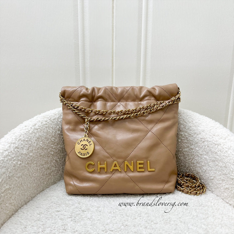 Chanel 22 Mini Hobo Handbag in 23B Dark Beige Calfskin and AGHW