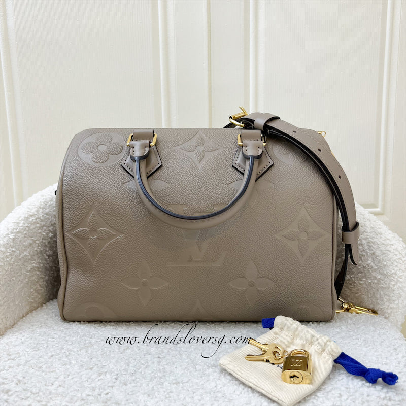 LV Speedy Bandouliere 25 in Tourterelle (Grey) Monogram Empreinte Leather and GHW