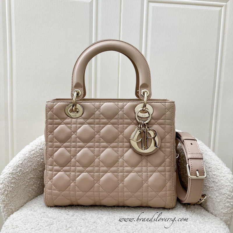 Dior Medium Lady Dior in Rose Beige Lambskin and LGHW (New Version with Adjustable Strap)