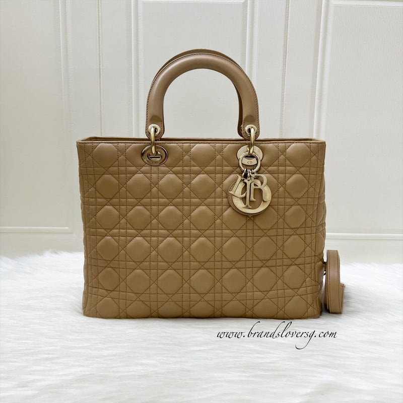 Dior Large Lady Dior in Milk Tea Beige Lambskin and GHW