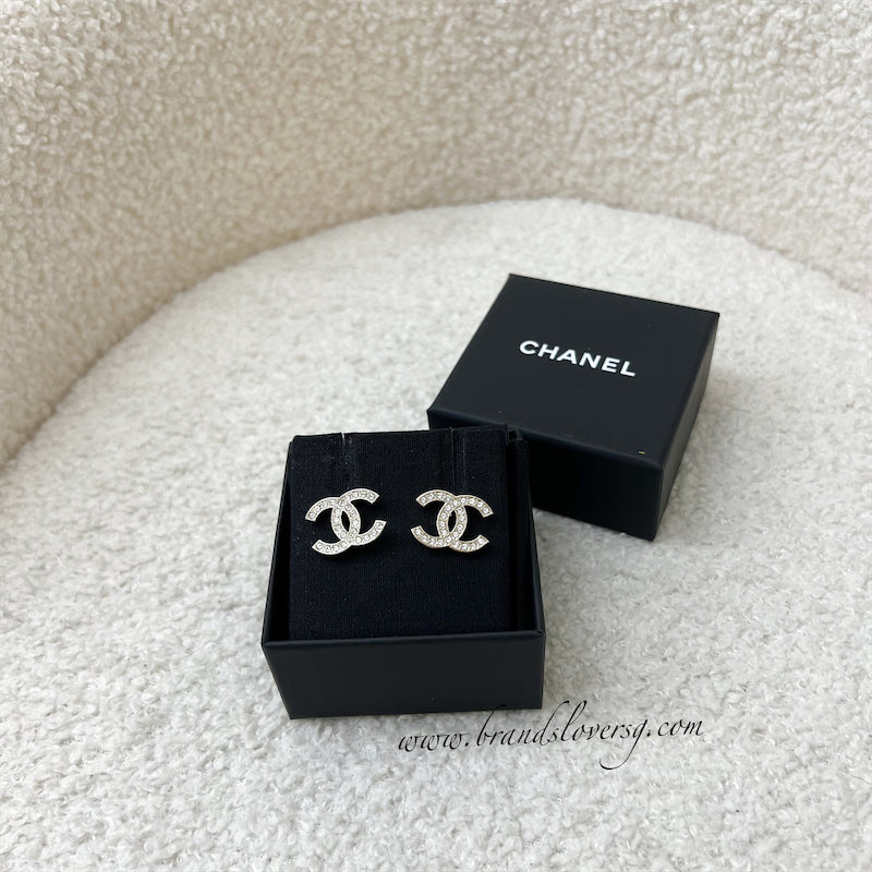 Chanel Classic CC Logo Earrings with Crystals in LGHW