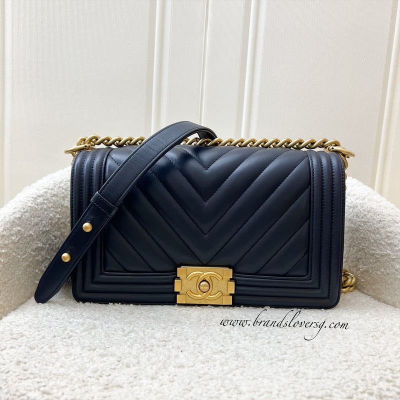 Chanel Medium 25cm Boy Flap in Chevron Quilted Navy Blue Leather and AGHW