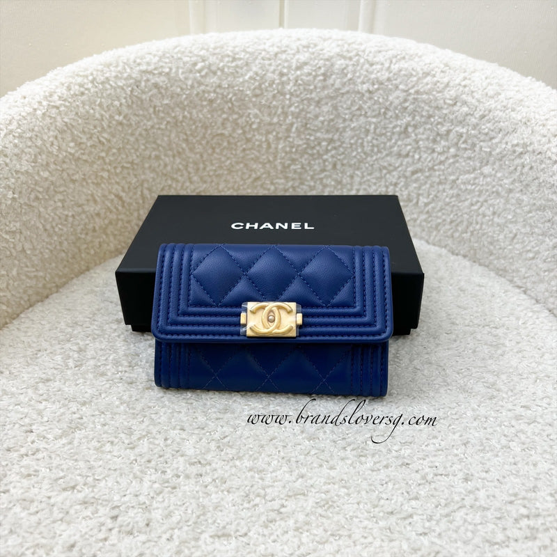 Chanel Boy Card Holder in Blue Lambskin and AGHW (Model: A80603)