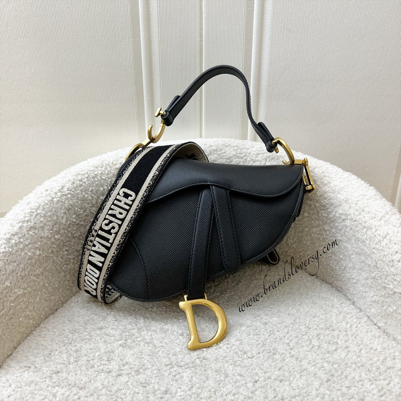 Dior Mini Saddle Bag In Black Grained Calfskin and GHW, with Additional Canvas Adjustable Strap (Model: M0447CBAA)