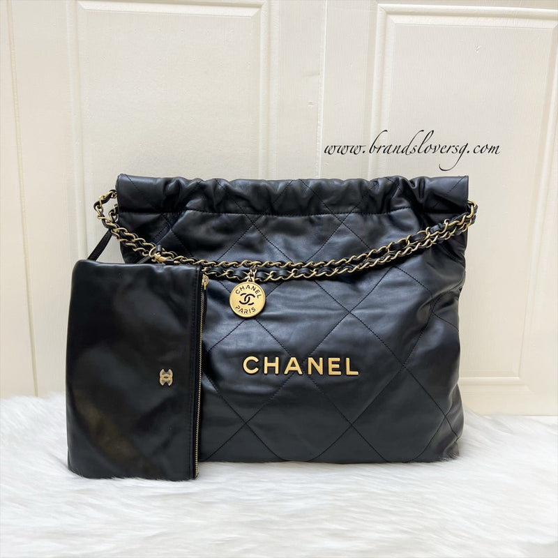 Chanel 22 Medium Hobo Handbag in Black Calfskin and AGHW