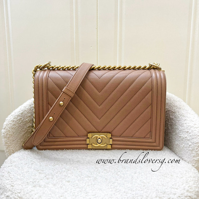Chanel Large (New Medium) 28cm Boy Flap in 18C Chevron Quilted Beige Caviar and AGHW