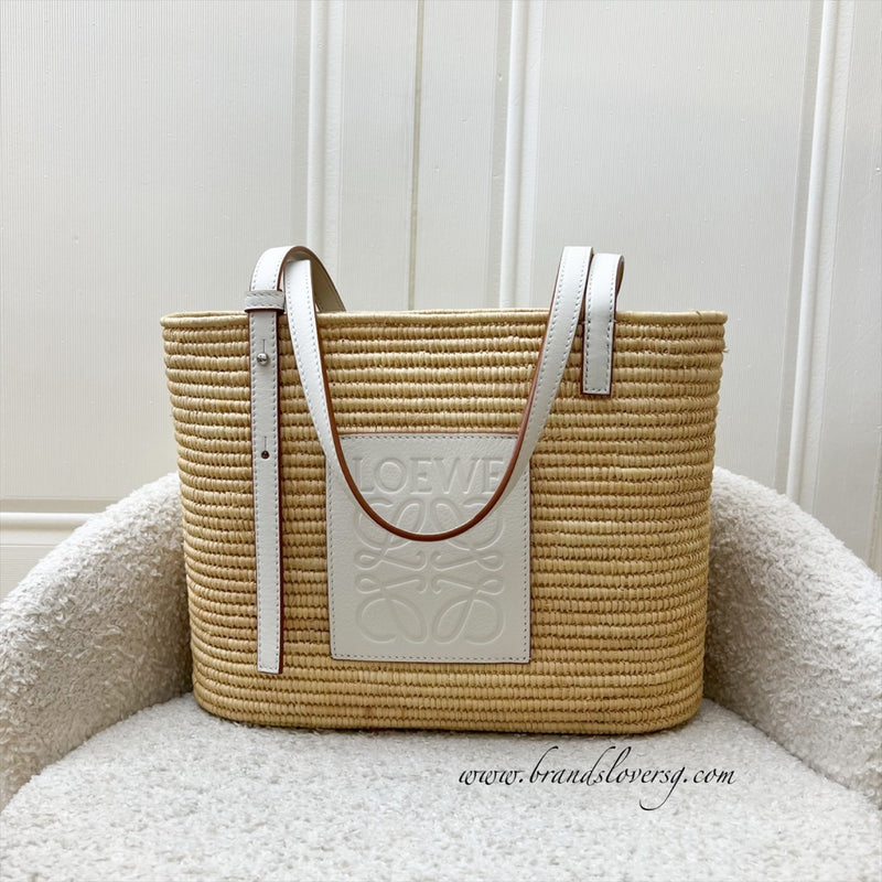 Loewe Small Anagram Square Tote Bag in Beige Raffia and White Leather
