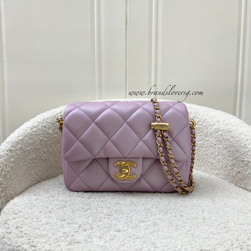 Chanel 21K Perfect Mini Square Adjustable Chain Flap in Iridescent Pink Caviar and AGHW