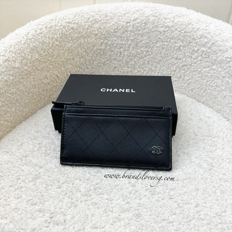 Chanel Flat Card Holder with Zipped Coin Compartment in Black Calfskin and BHW