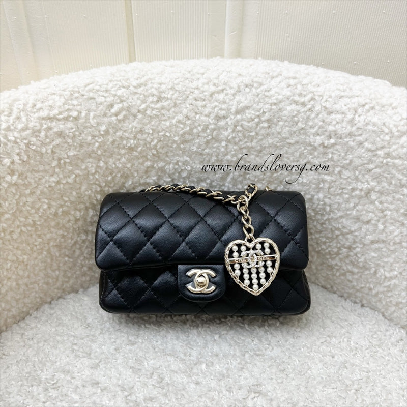 Chanel Classic Mini Bag with Hook Bag Charm with Pearls and Crystals in Black Lambskin and LGHW (Model: AP4760)