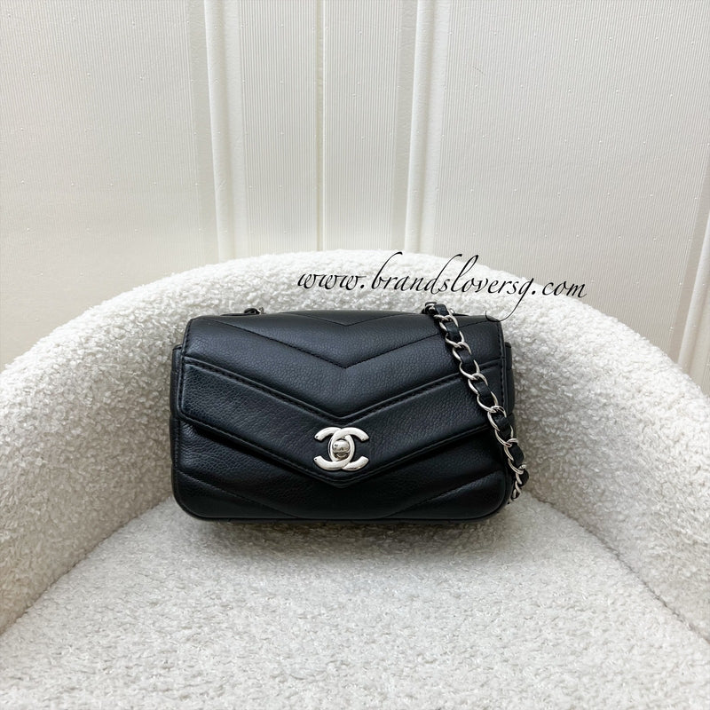 Chanel Seasonal Mini Rectangular Flap in Chevron Quilted Black Grained Calfskin (Caviar) and SHW