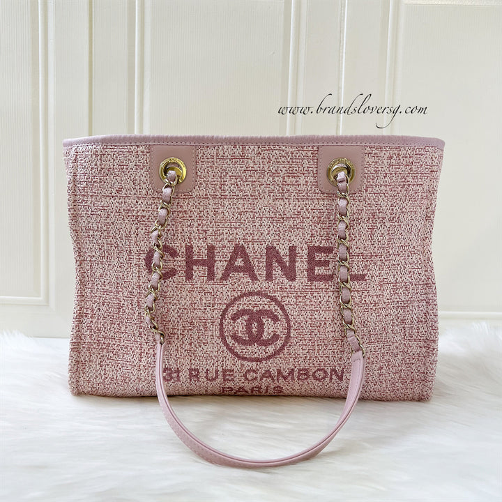 Chanel Small Medium Deauville Tote in Pink Fabric Gold Lettering an Brands Lover