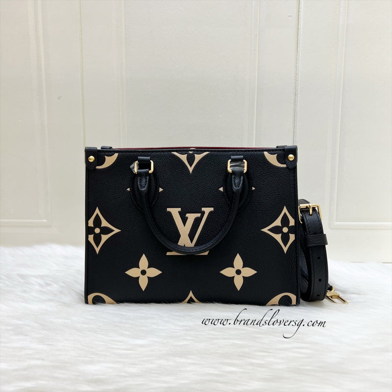 LV Onthego PM Tote in Bicolor Black and Beige Giant Monogram Empreinte Leather and GHW (Model: M45659)