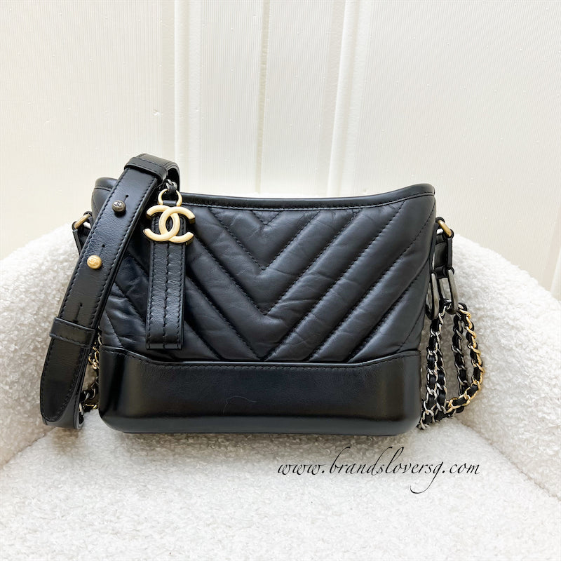 Chanel Small Gabrielle in Chevron Black Distressed Calfskin, Black Base, 3-tone HW