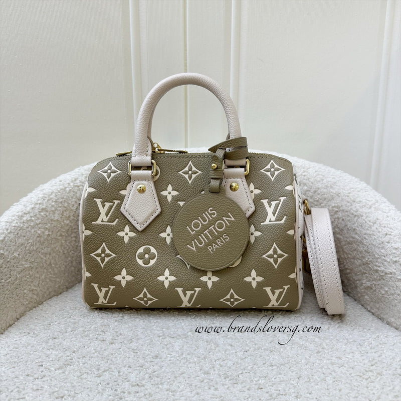 LV Limited Edition Spring in the City Speedy Bandouliere 20 in Khaki and Beige Monogram Empreinte Leather GHW (Model: M46118)