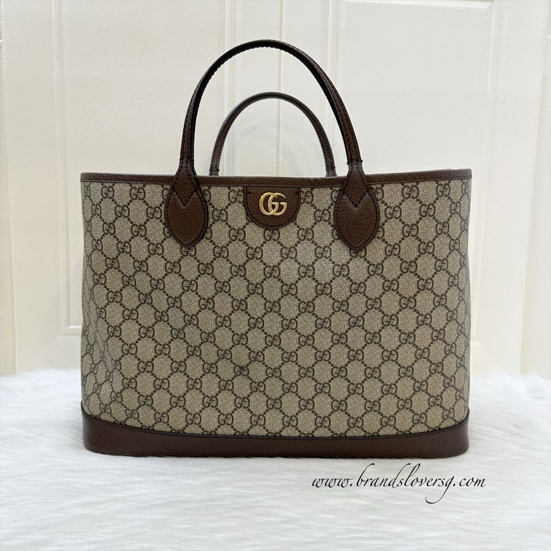 Gucci Ophidia Medium Tote in GG Supreme Canvas with Brown Leather Trim