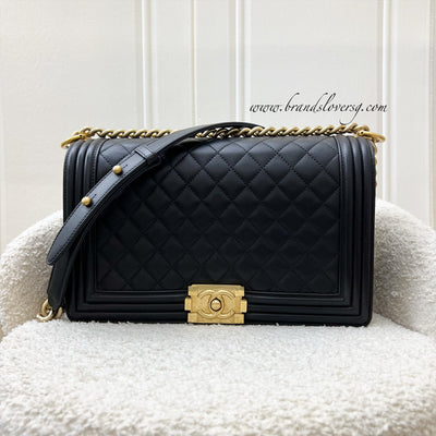 Chanel New Medium / Large 28cm Boy Flap in Black Lambskin and AGHW