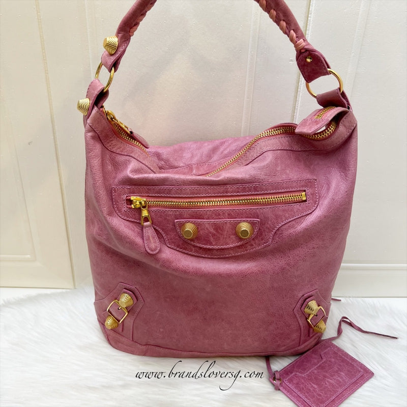 Balenciaga Day Hobo Bag in Pink Distressed Leather and GHW