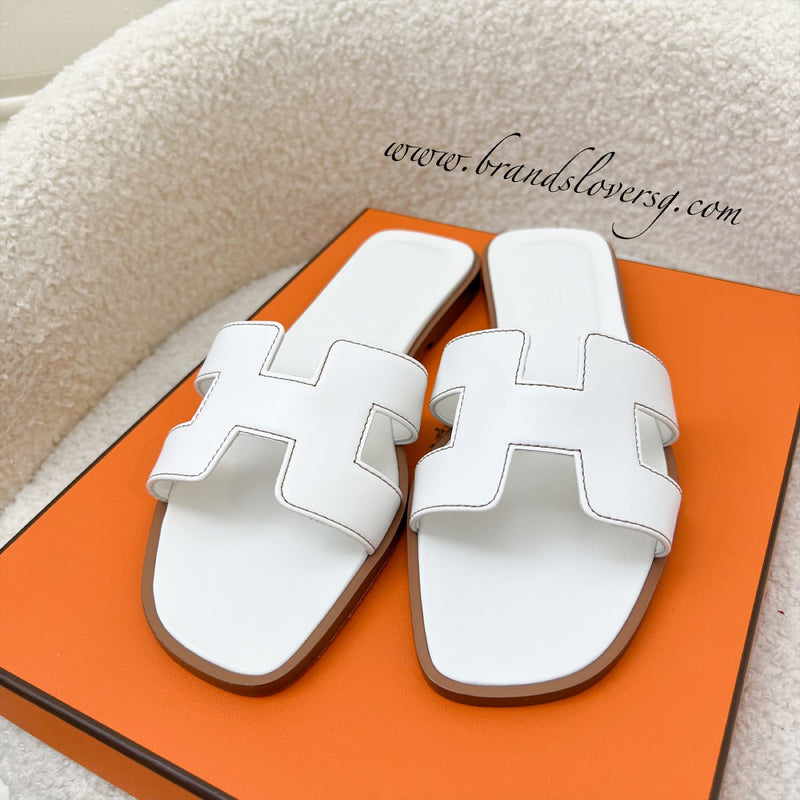 Hermes Oran Sandals in White Blanc Calfskin Sz 35.5