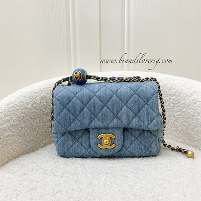 Chanel 22C Pearl Crush Mini Square Flap in Denim Fabric and AGHW