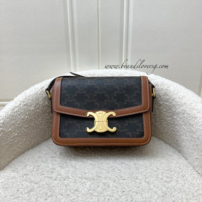 Celine Triomphe Flap Bag in Coated Triomphe Canvas, Tan Calfskin and GHW (Model: 188882BZ4)