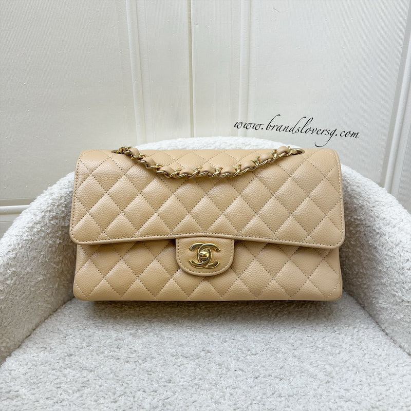 Chanel Medium Classic Flap CF in Beige Caviar and GHW (Model: A01112)