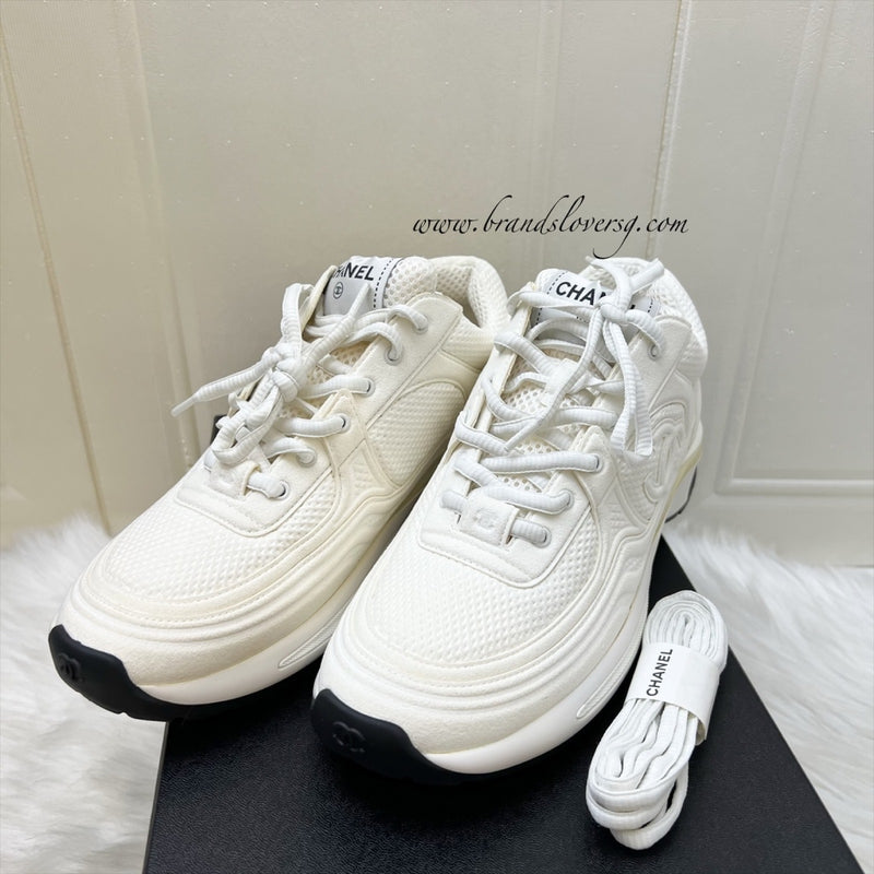 Chanel 24S Sneakers in White Fabric and Leather Sz 37.5 (Model: G45077)