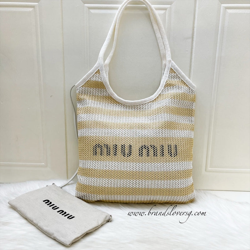Miu Miu Ivy Tote Bag in Beige and White Woven Fabric Linen (Model: 5BG231)