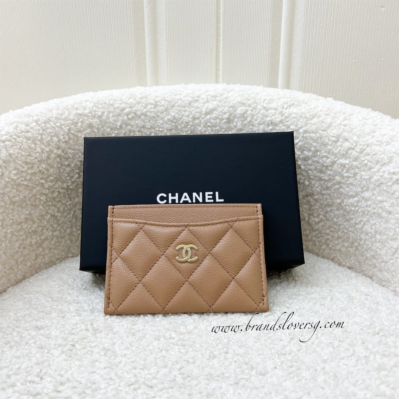 Chanel Classic Flat Card Holder in Caramel Dark Beige and LGHW