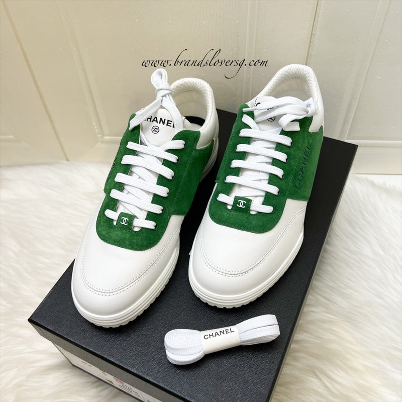 Chanel 24C Sneakers in White Calfskin and Green Suede Sz 37.5 (Model: G45470)
