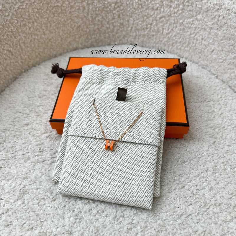 Hermes Mini Pop H Pendant Necklace in Orange Enamel and RGHW