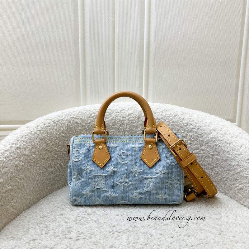 LV Nano Speedy in Light Blue Denim and GHW (Model: M11212)