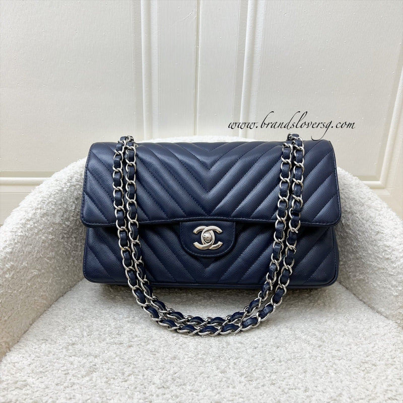 Chanel Medium Classic Flap CF in Chevron Quilted Navy Caviar and SHW