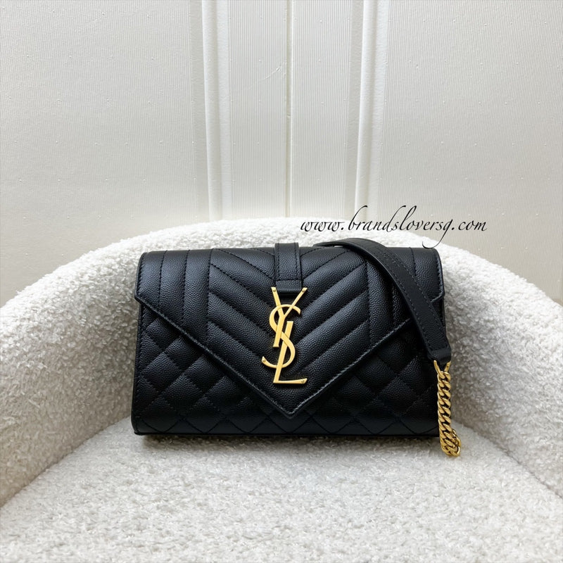 Saint Laurent YSL Small Envelope Flap in Quilted Grain De Poudre Embossed Black Leather and GHW