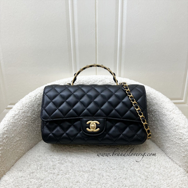 Chanel 23K Small Flap with Top Handle in Black Lambskin and AGHW (Model: AS4408)