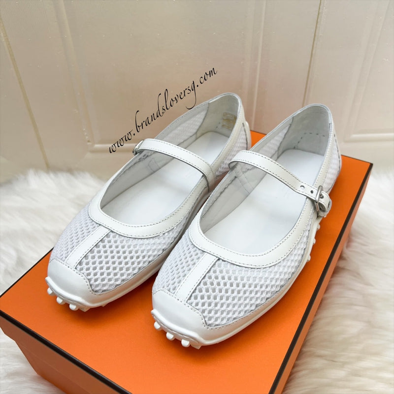 Hermes Kichu Ballet Flats in Blanc White Crochet and Calfskin Sz 35.5
