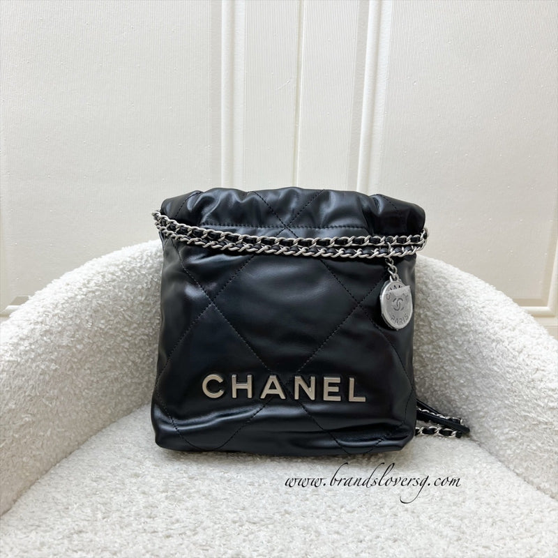 [Unused - Full set - 2024] Chanel 22 Mini Hobo Handbag in Black Shiny Calfskin and SHW