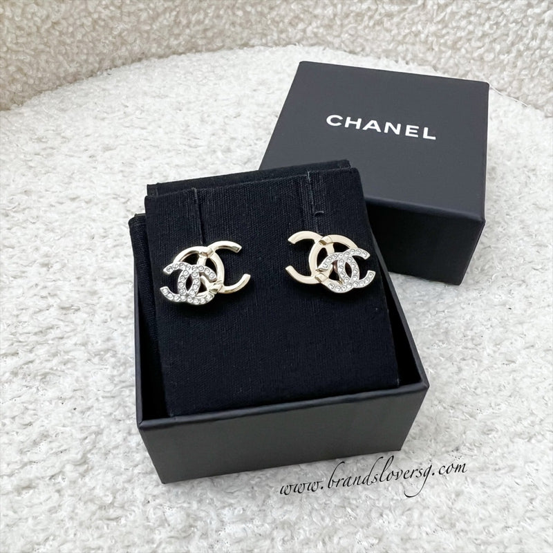 Chanel Double CC Logo Earrings with Crystals in LGHW (Model: AB6426)