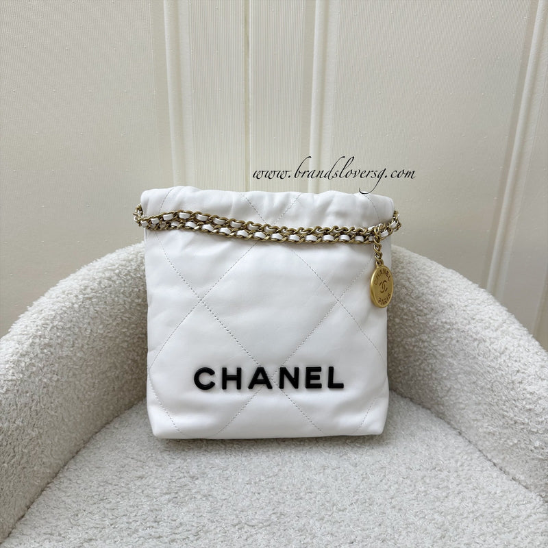 Chanel 22 Mini Hobo Bag in White Calfskin and GHW with Black Logo