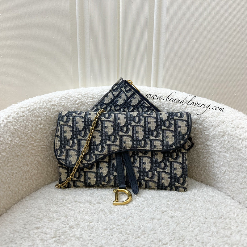 Dior Small Saddle Pouch with Chain in Blue Dior Oblique Jacquard Canvas and GHW