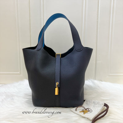 Hermes Picotin 22 in Bleu Nuit / Noir / Bleu Frida Clemence Leather and GHW