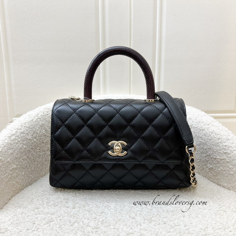 Chanel Small (24cm) Coco handle in Black Caviar, Burgundy Lizard Embossed Calfskin Handle and LGHW (Model: A92990)