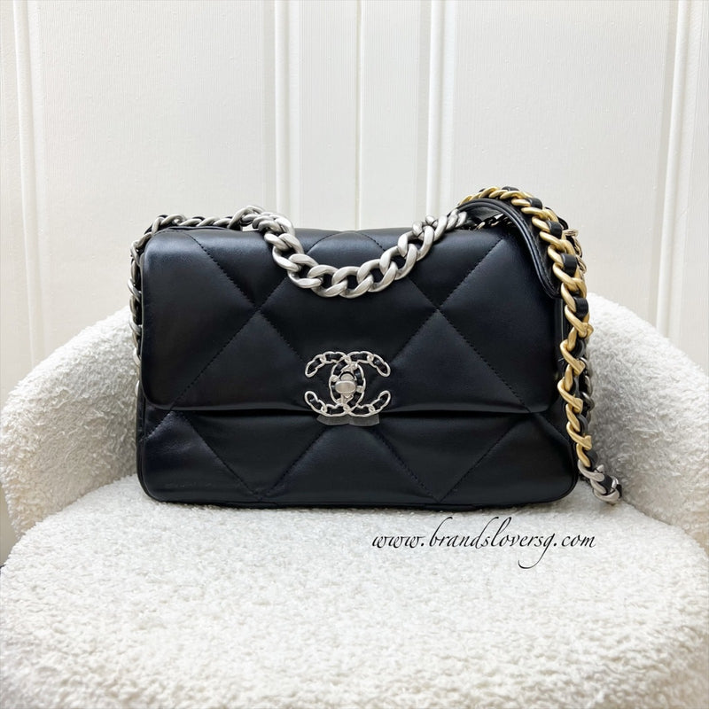 [Brand New] Chanel 19 Small Flap in Black Lambskin and 3-tone Hardware, Silver Turnlock (Model: AS1160)