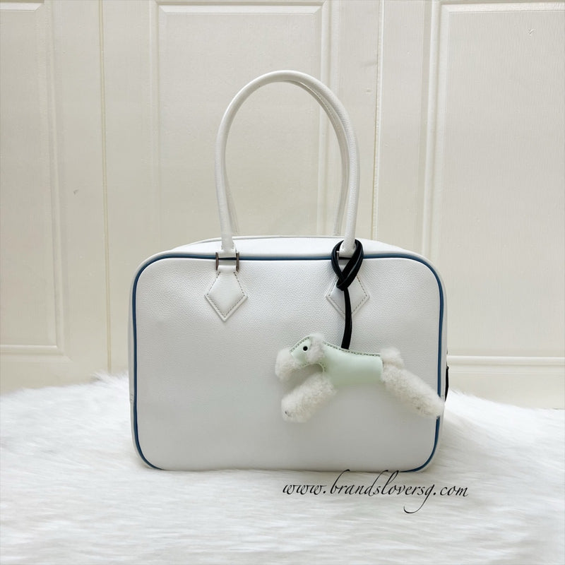 Hermes Plume 28 in White Epsom Leather, Blue Trim and PHW