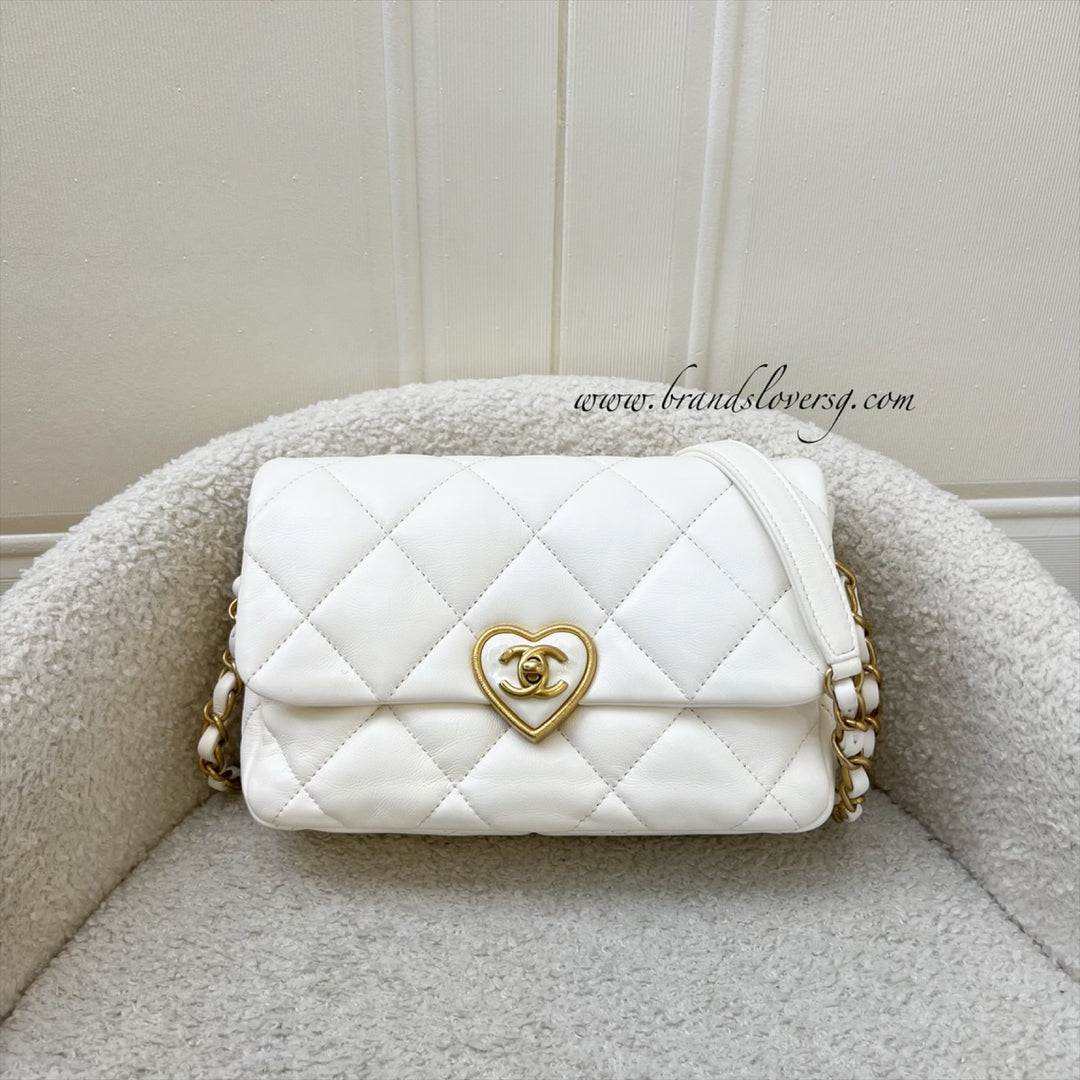 Chanel 23S Heart Clasp Small Flap in White Lambskin and AGHW