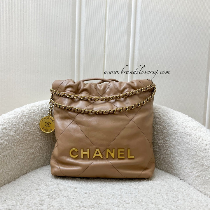 Chanel 22 Mini Hobo Handbag in 23B Dark Beige Calfskin and