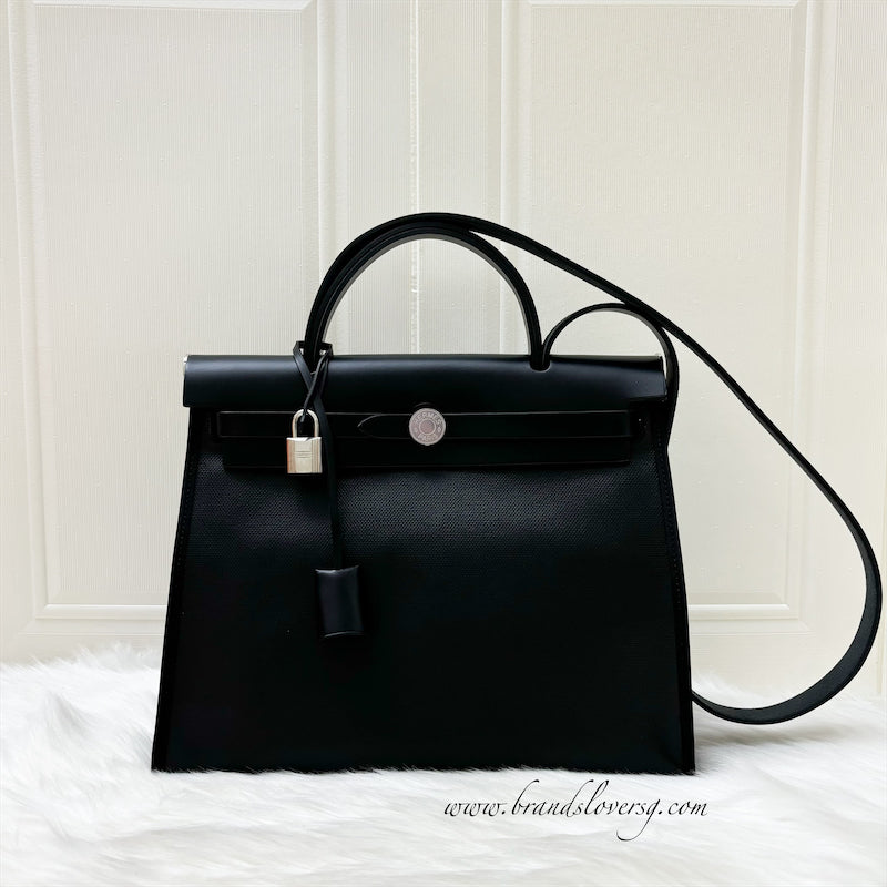 Hermes Herbag Zip 31 Sellier in Black (Ecru-Noir) Canvas, Black Leather and PHW