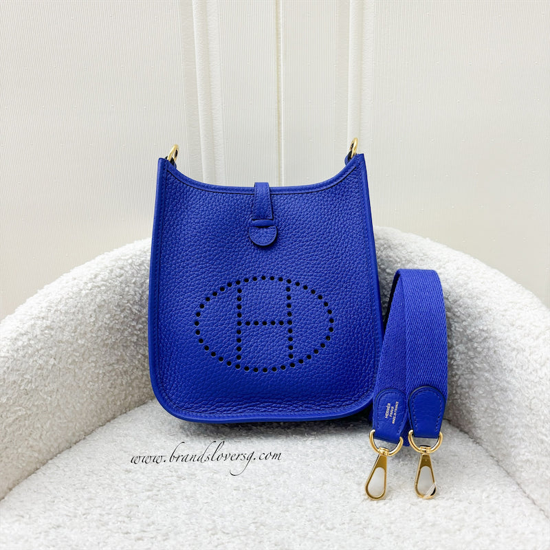 Hermes Mini Evelyne 16 in Bleu Royal Clemence Leather, Canvas Strap and GHW