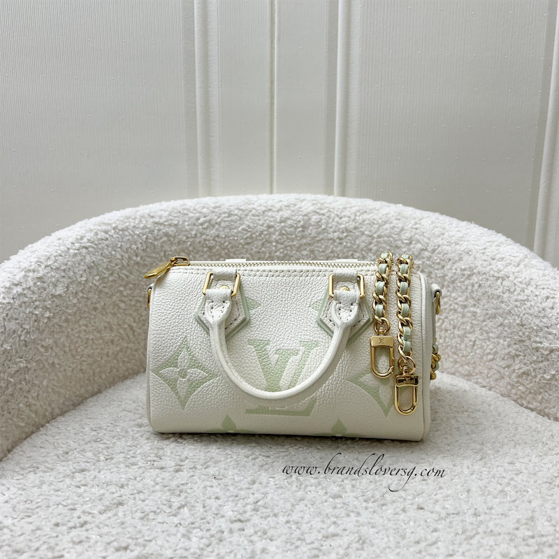 LV Nano Speedy in Bicolor Latte White and Matcha Green Monogram Empreinte leather and GHW